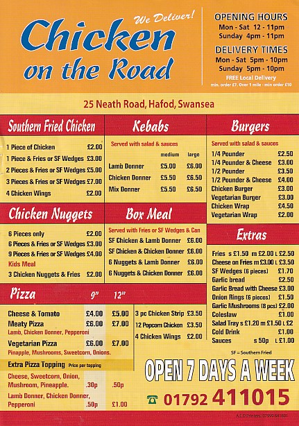Menu  of Chicken on the Road, Hafod