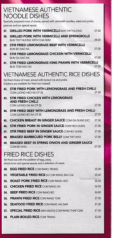 Menu of Vietnam Restaurant Uplands