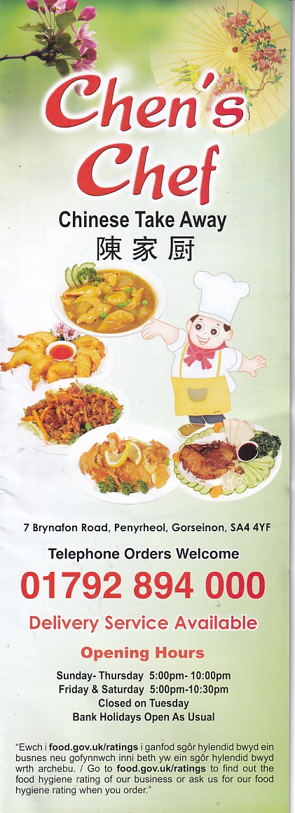 Menu of Chen's Chef, Chinese takeaway in Gorseinon