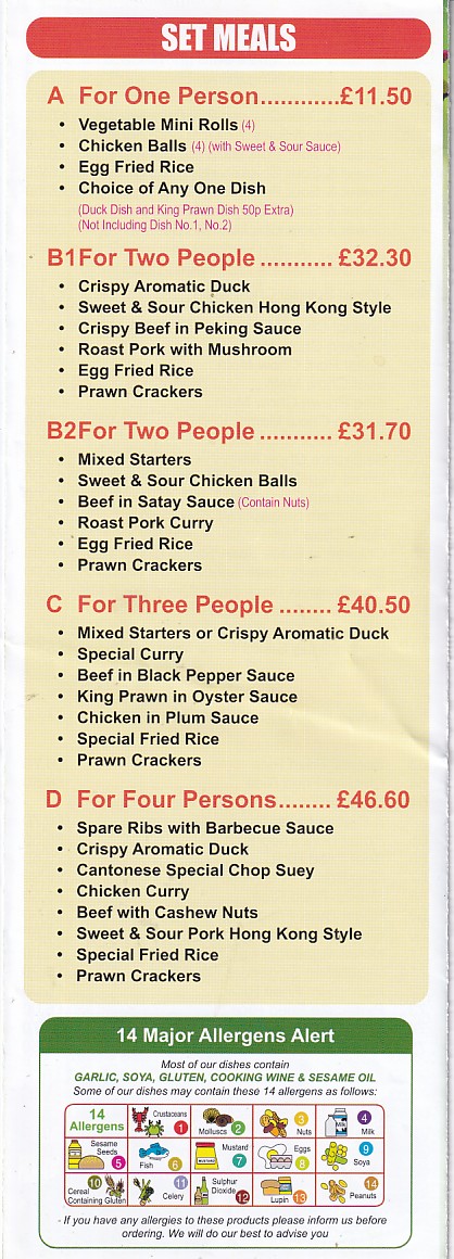 Menu of Menu of Chen's Chef, Chinese takeaway in Gorseinon