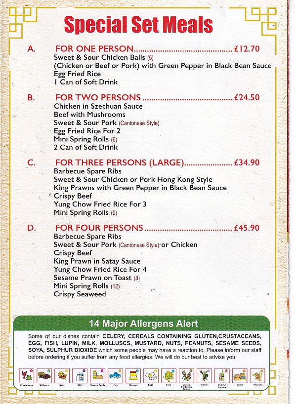 Menu of New Mai Hong
